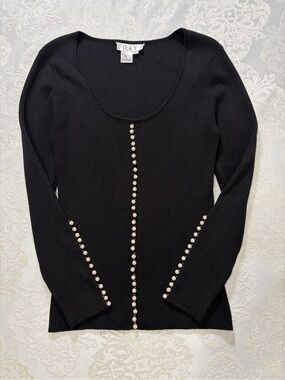 D&Y Silk Blend Pearl Trim Black Ribbed Knit Scoop Neck Top Large Chic